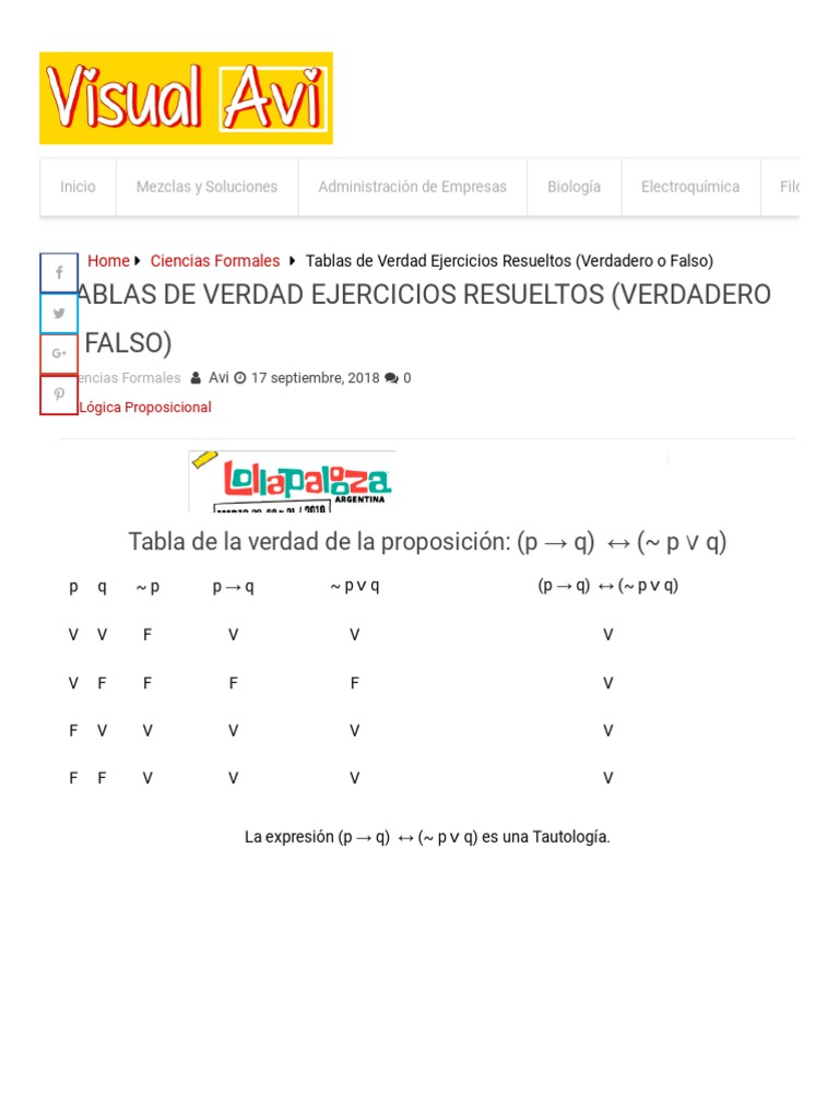 Tablas de Verdad Ejercicios Resueltos (Verdadero, Falso) Proposición