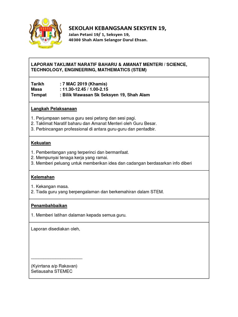 Contoh Laporan Taklimat Amanat Menteri