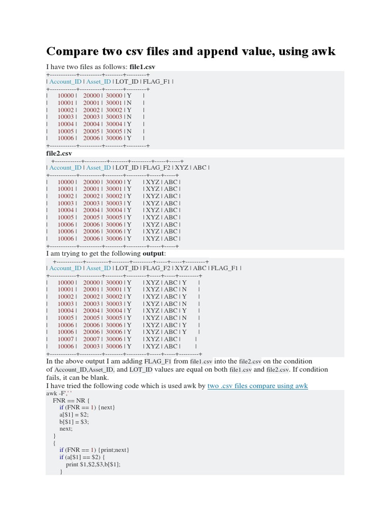 Compare Two CSV Files and Append Value Using Awk | PDF | Comma ...