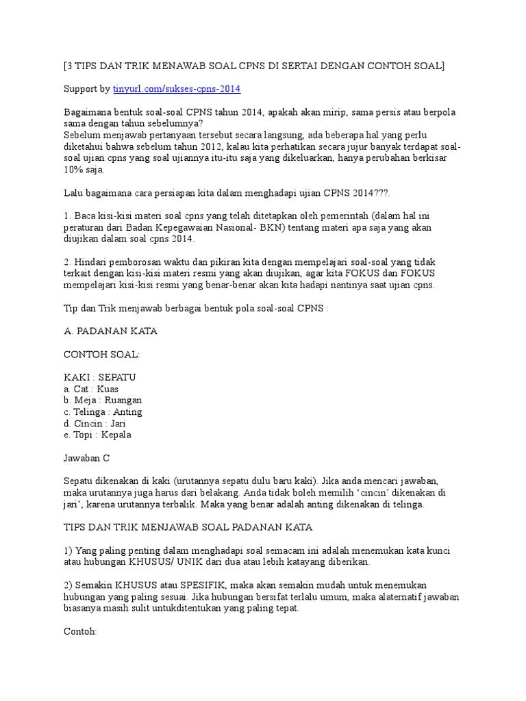 3 Tips Dan Trik Menawab Soal Cpns Di Sertai Dengan Contoh Soal