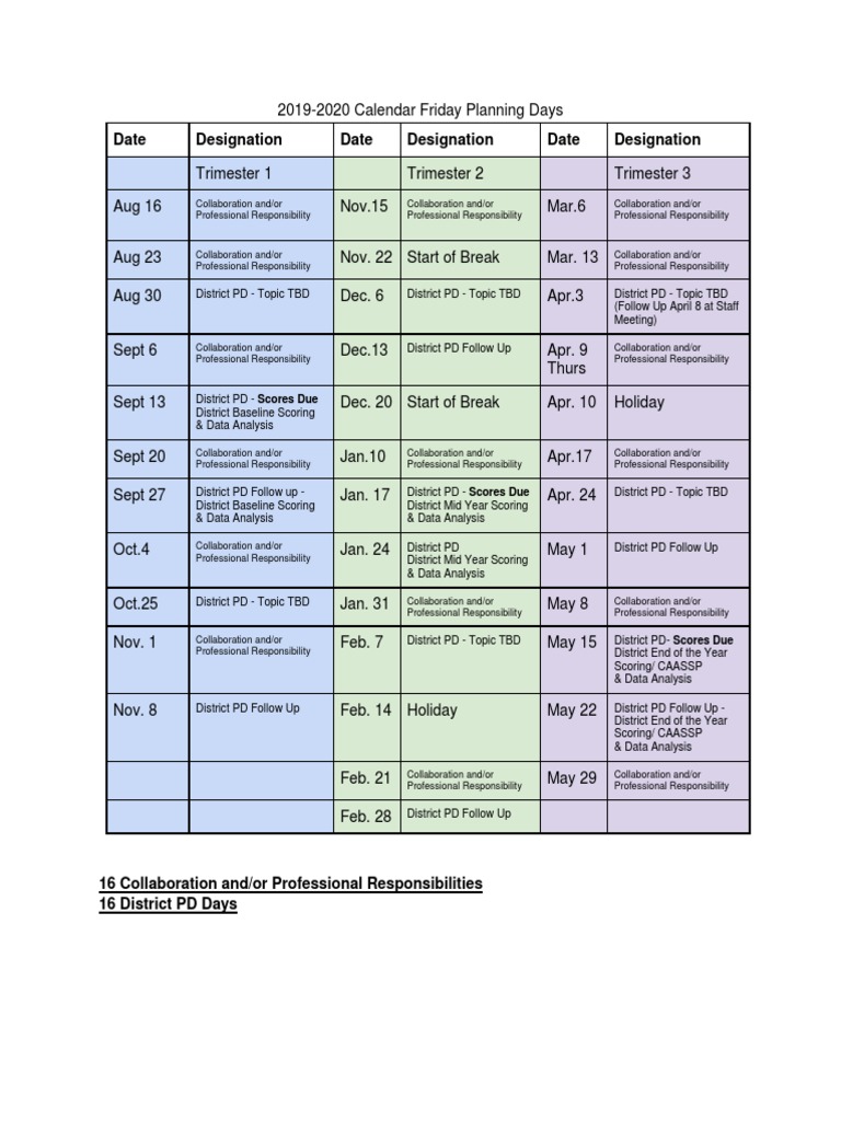 2019 2020 Calendar P Pdf Academic Term