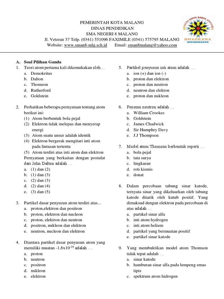 Soal Ulangan Kelas X Perkembangan Teori Atom Original