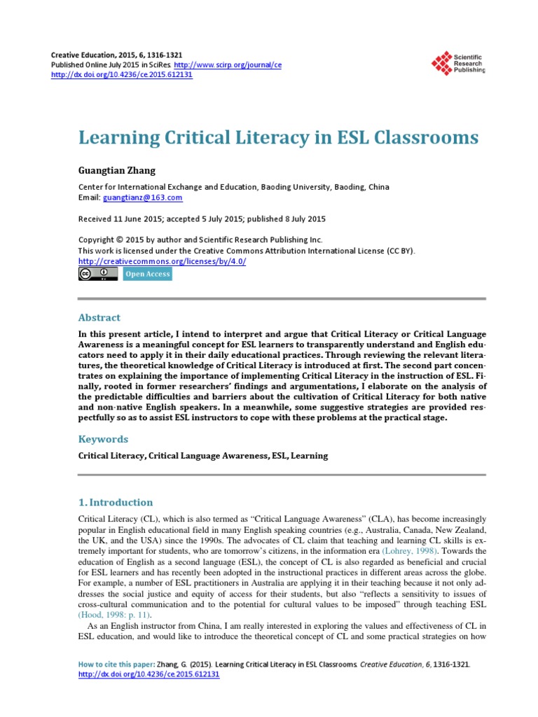 Learning Critical Literacy In Esl Classrooms Pdf English As A