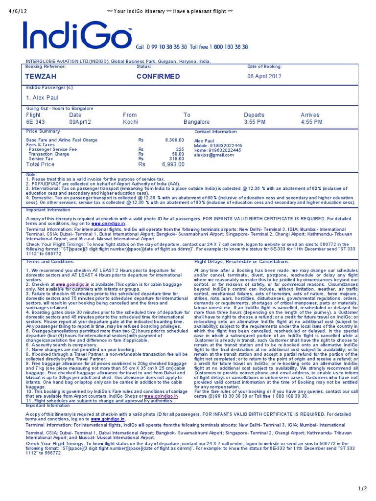 Indigo Flight Sample PDF PDF International Airport Airport