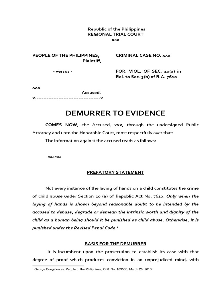 Demurrer to Evidence: RA 7610 Sec 10(a) | PDF | Burden Of Proof (Law ...