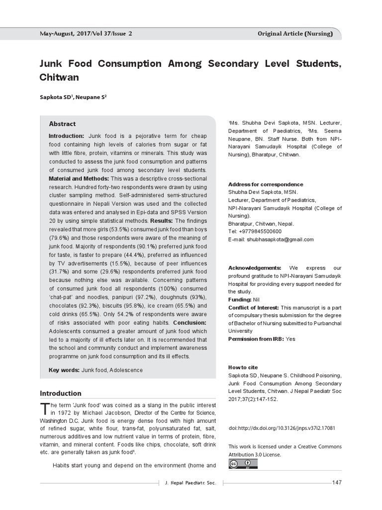 Junk Food Consumption in Nepali Teens | PDF | Junk Food | Obesity
