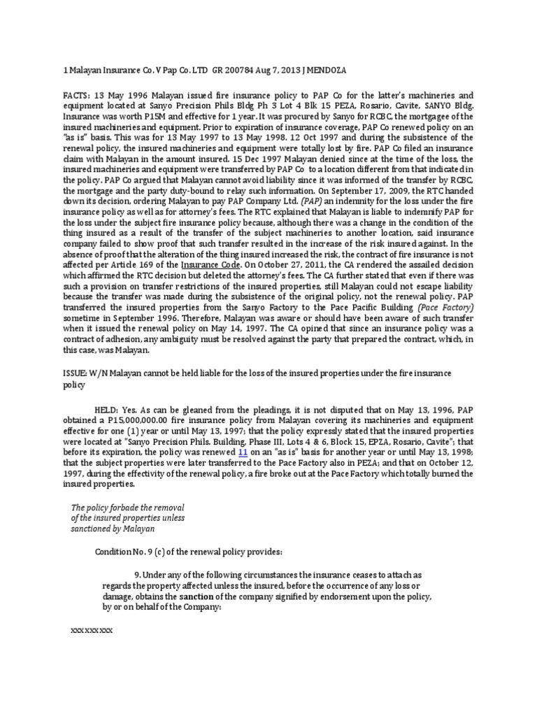 Malayan Insurance Liability Case Analysis | PDF | Insurance Policy ...