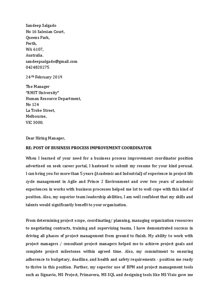 Cover Letter for Post of Business Process Improvement Coordinator ...