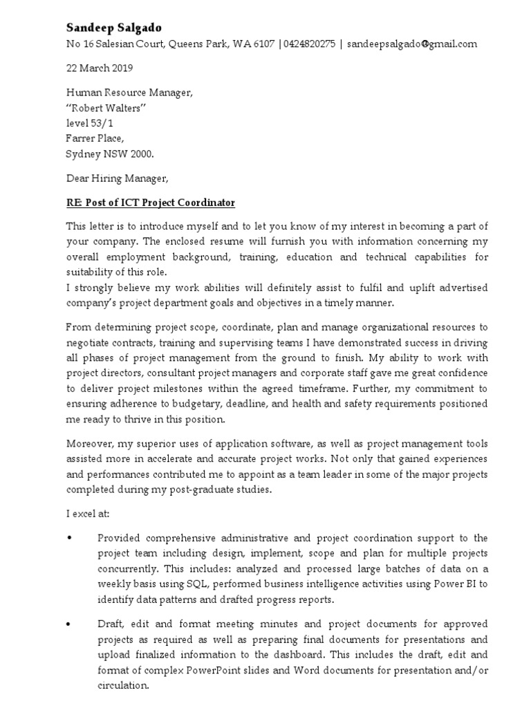 ICT Project Coordinator Cover Letter | PDF | Business Intelligence ...