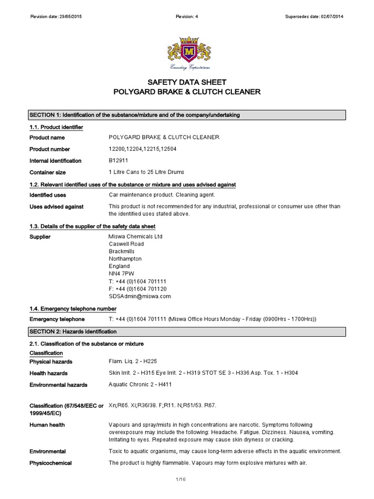 Poly Gaurd Brake Cleaner MSDS PDF Toxicity Polyvinyl Chloride