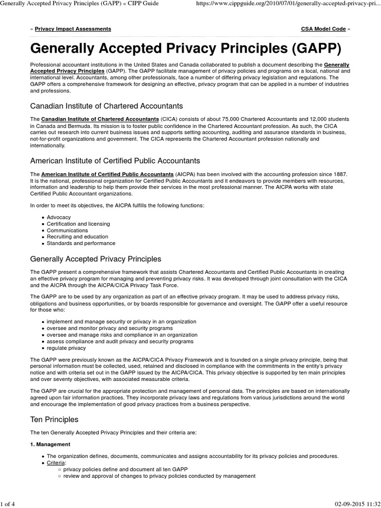 Generally Accepted Privacy Principles (GAPP) « CIPP Guide Personally