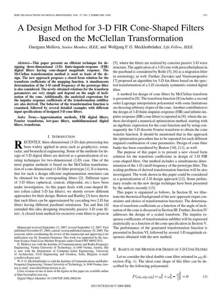 A Design Method For 3D Fir ConeShaped Filters Based On The Mcclellan