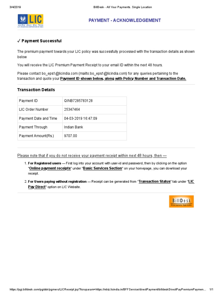 LIC Payment Confirmation | PDF
