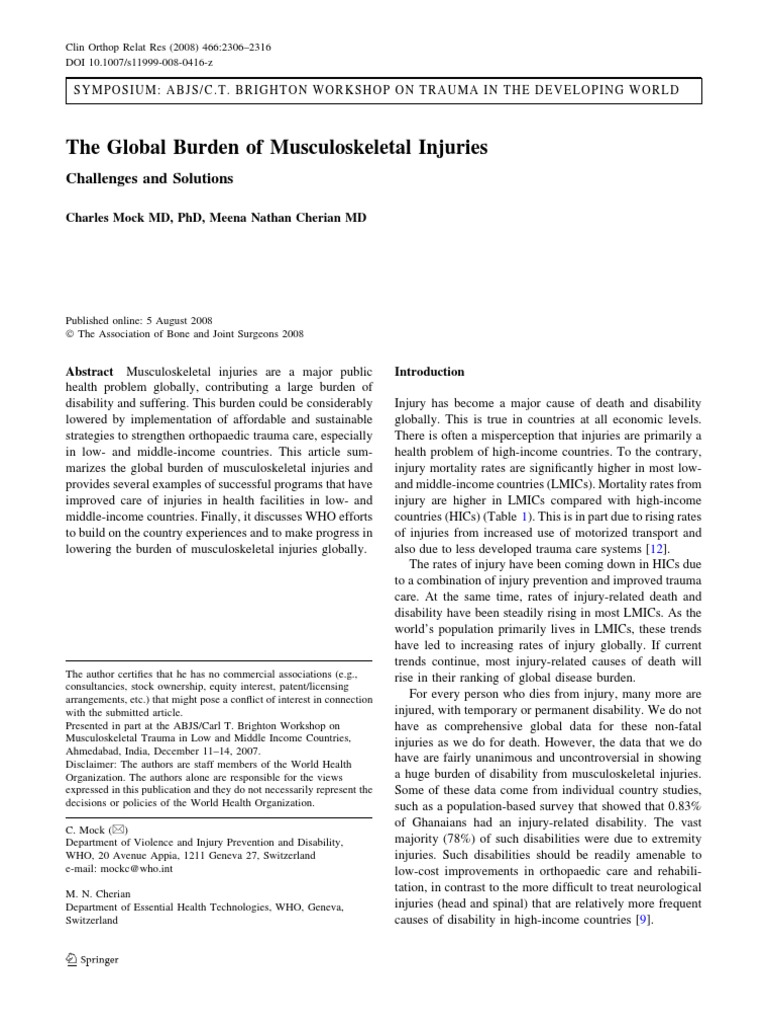 The Global Burden of Musculoskeletal Injuries: Challenges and Solutions ...