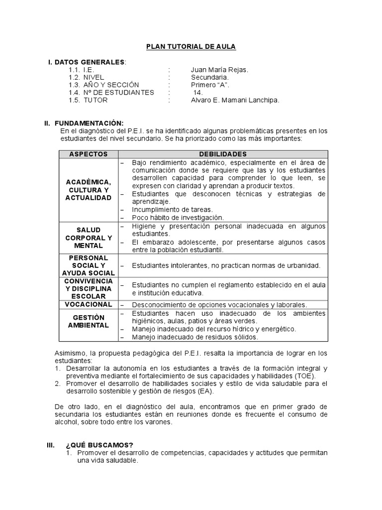 Plan de Tutoría para Secundaria 1°A | PDF | Salón de clases | Educación ...