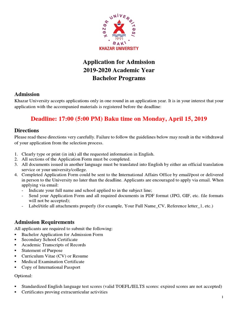 Application For Admission 2019-2020 Academic Year Bachelor Programs ...