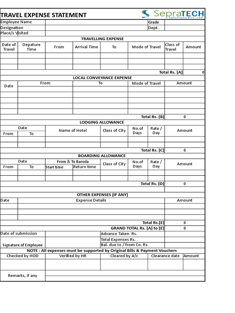 Travel Expense Format PDF Payments Government