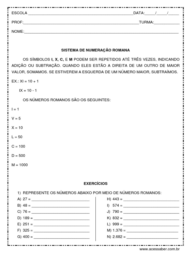 Atividade de matemática: Os algarismos - 4º ano - Acessaber