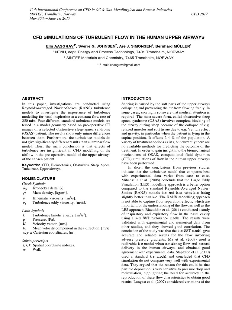 CFD Simulations of Turbulent Flow in The Human Upper Airways | PDF ...