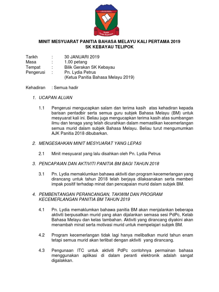 Minit Mesyuarat Panitia Bm Kali Pertama 2019 Docx