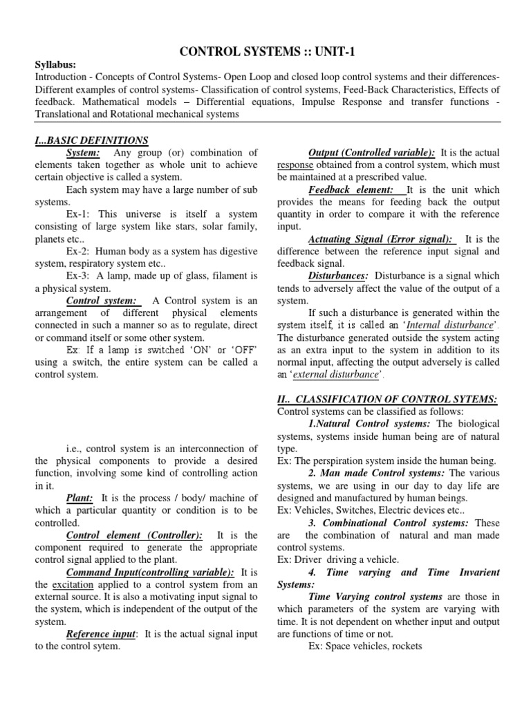 Class Notes - CONTROL SYSTEMS | PDF | Control Theory | Control System