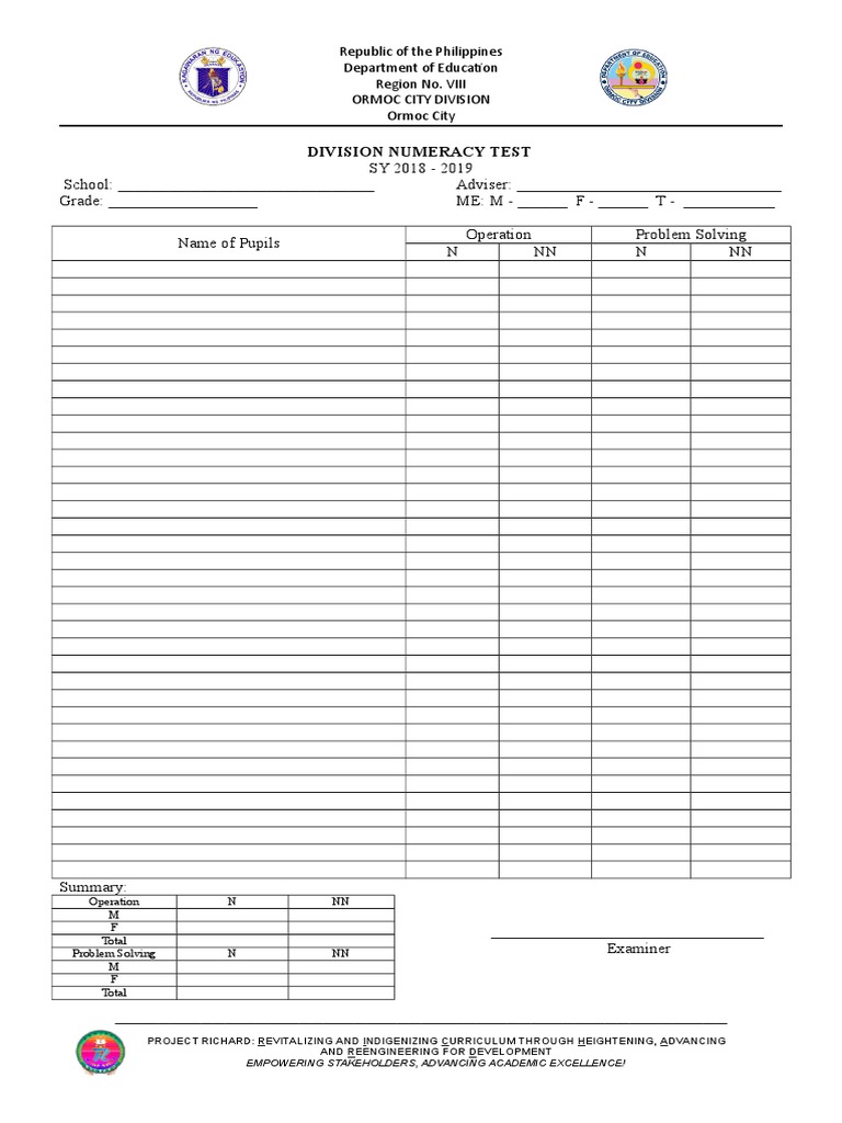 Ormoc City Division Numeracy Test 2018-2019 | PDF