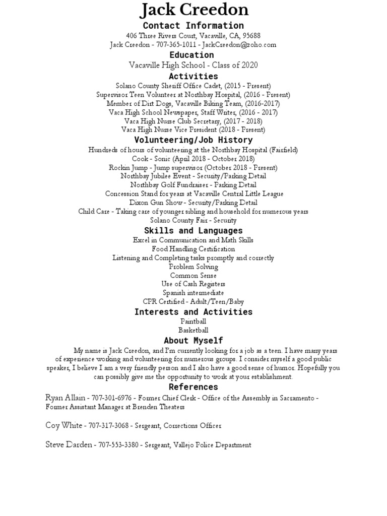 Jack Creedon: Teen Job Seeker Resume | PDF