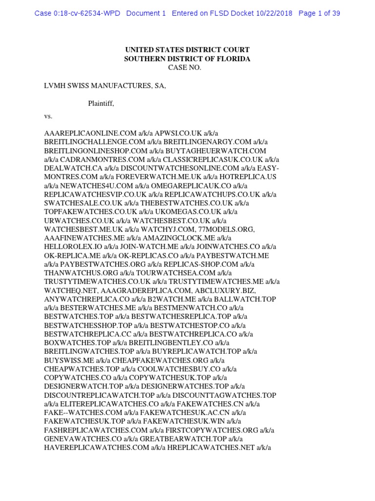 Lvmh Swiss Manufactures, Sa v. Aaareplicaonline.com, Et Al ...
