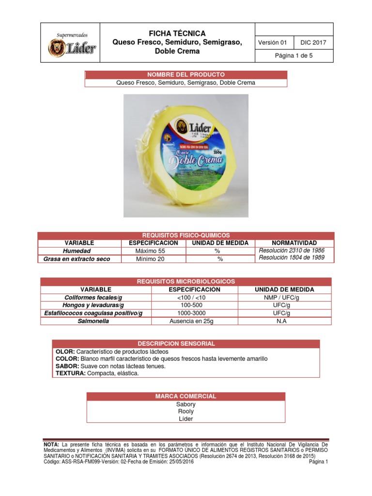 Ficha Técnica Doble Crema PDF PDF Queso Leche