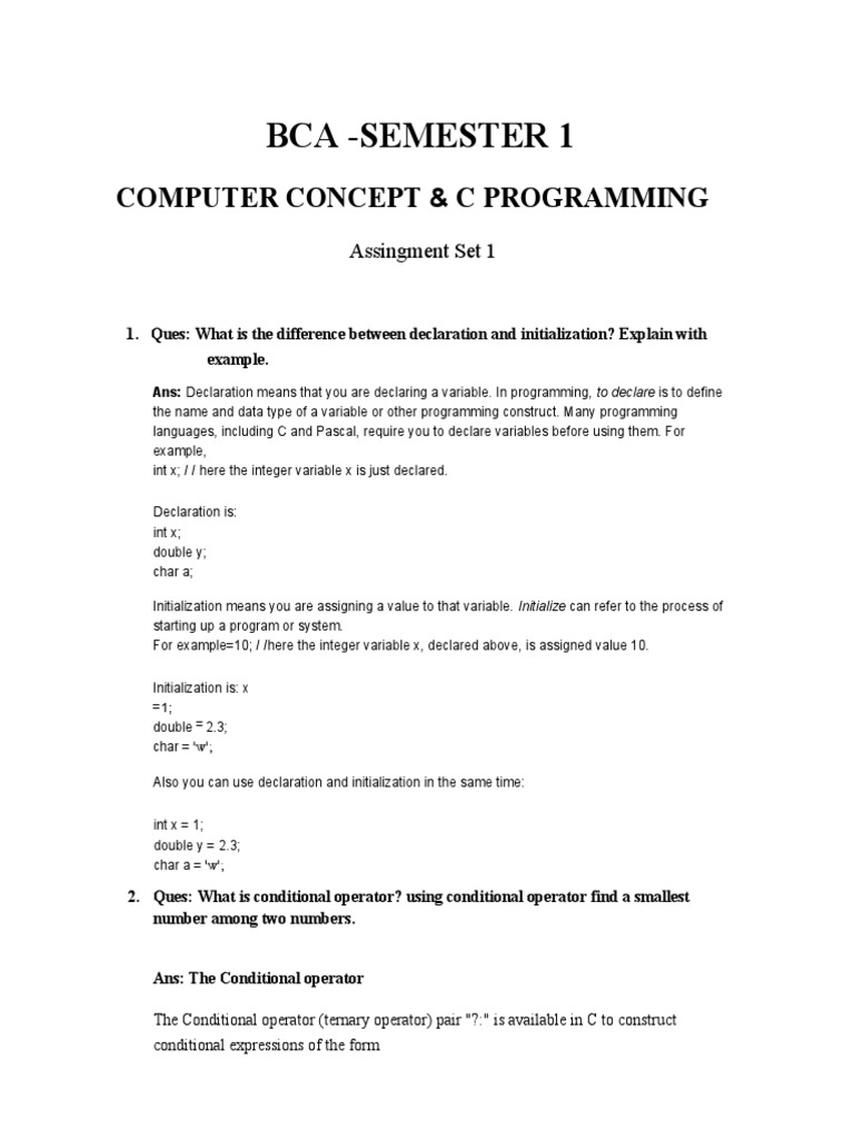 BCA Computer Concept & C Programming SEMESTER -1 St Assignment ...