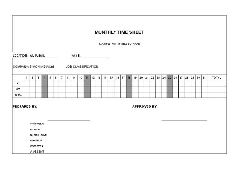 January 2008 Time Sheet Template | PDF