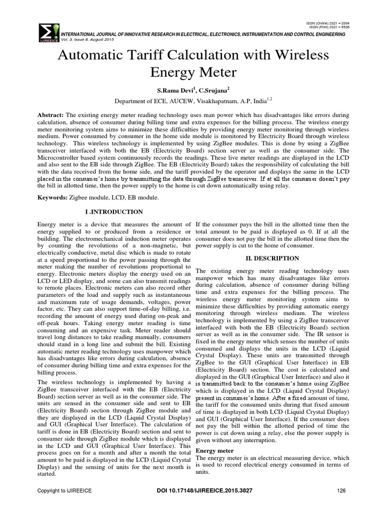 Automatic Tariff Calculation With Wireless Energy Meter S.Rama Devi, C