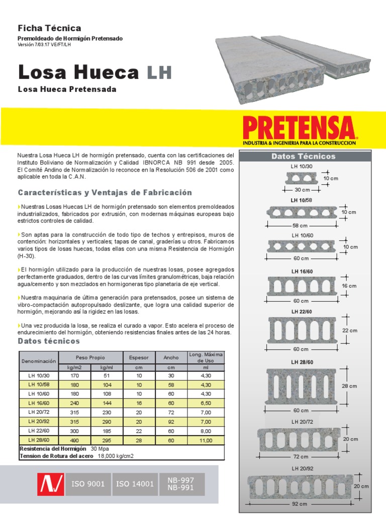 02-Ficha Tecnica Losas Huecas LH Pretensa 2018 | Hormigón | Materiales