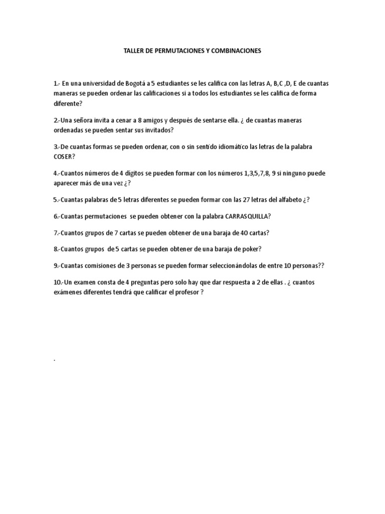 Taller de Permutaciones y Combinaciones | PDF
