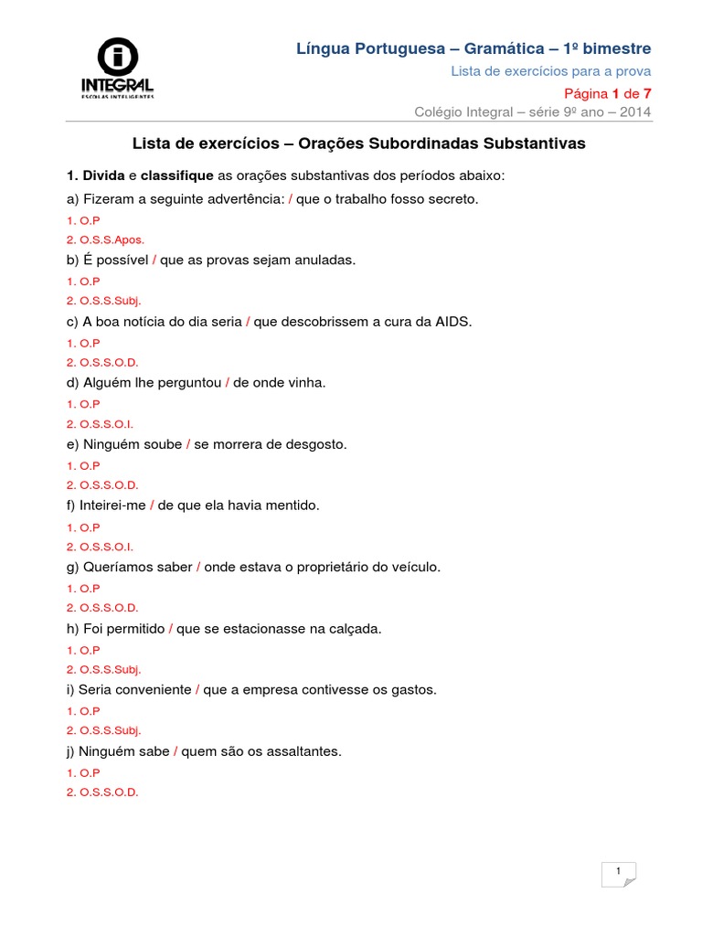 Lista de Exercícios Orações Subordinadas Substantivas PDF | PDF ...