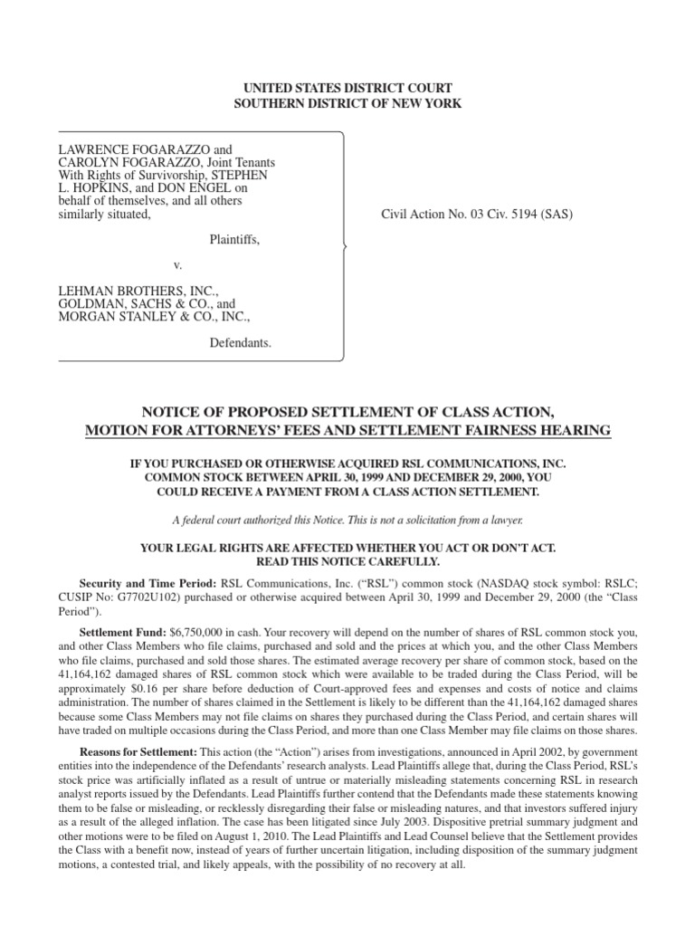 RSLC Settlement PDF Class Action Settlement (Litigation)