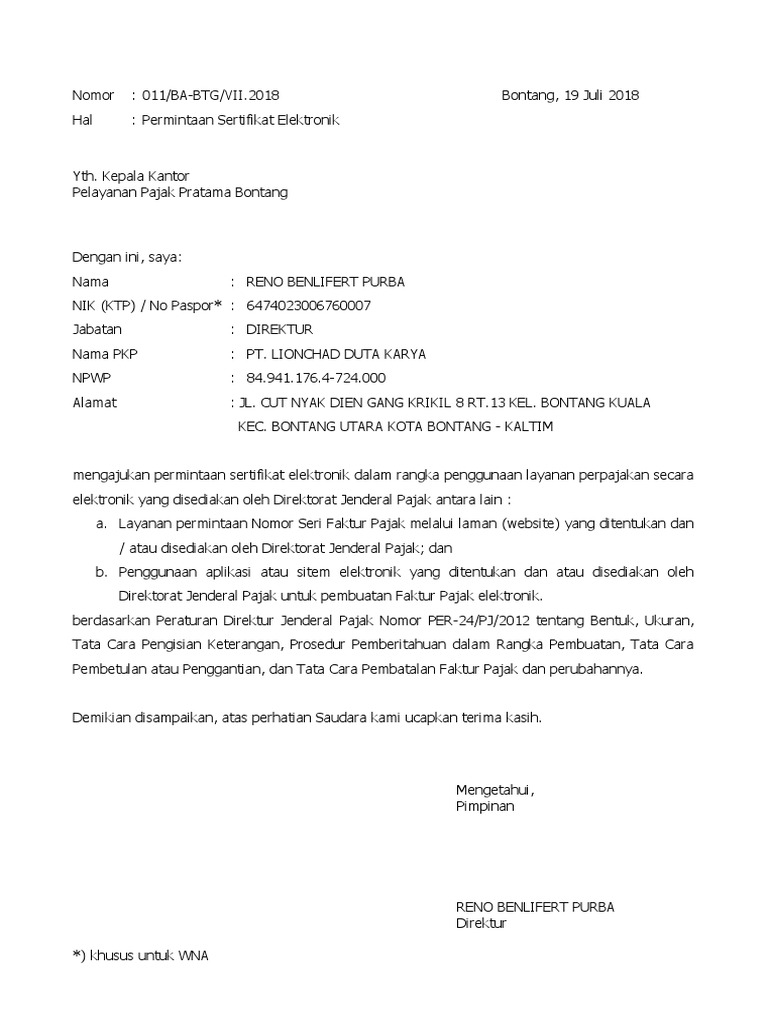 Formulir Permohonan Sertifikat Elektronik Docx Download surat permintaan sertifikat elektronik pajak word.