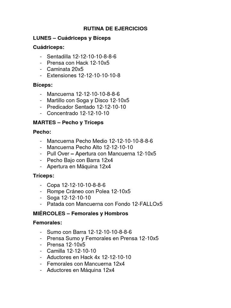 Rutina de Ejercicios Semanal para Gym | PDF | Entrenamiento con pesas ...