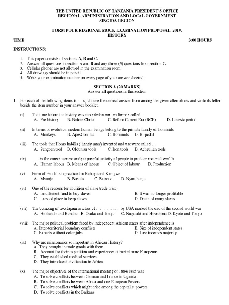 History Proposed Mock Examination, 2019 | PDF | East Africa | Colonialism