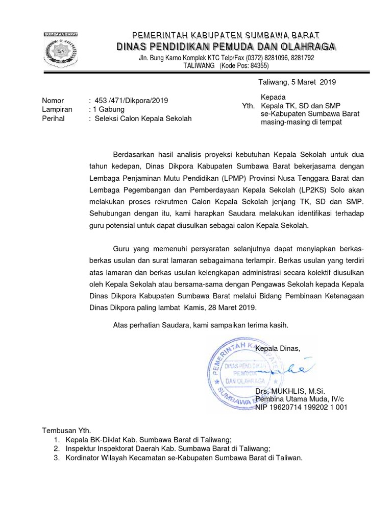 Surat Seleksi Calon Kepala Sekolah 2019 Pdf