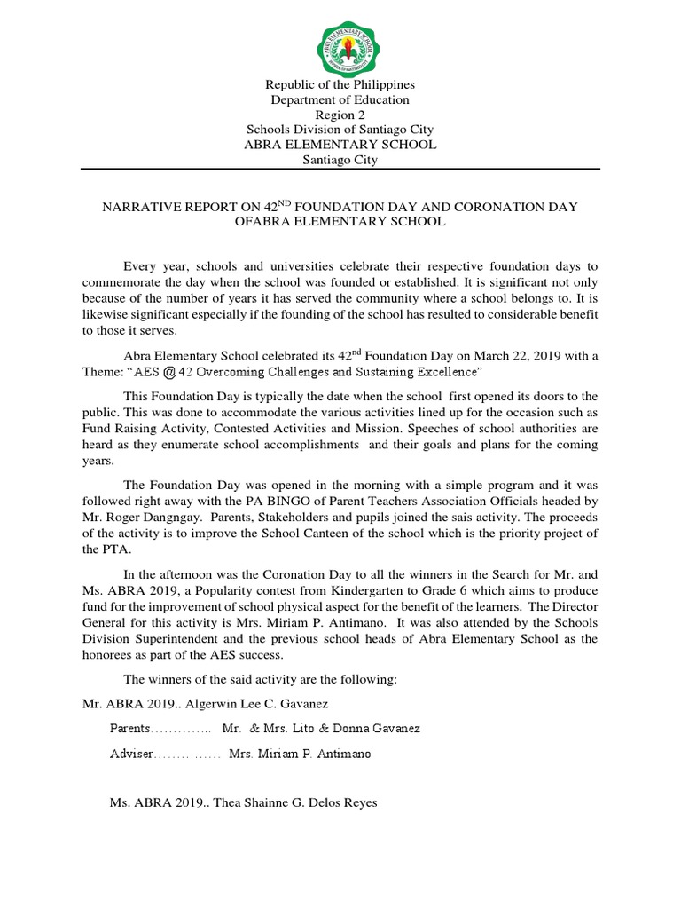 Narrative Report Foundation Day | PDF | Educational Organizations ...