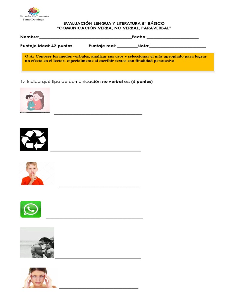 Evaluación Comunicación Verbal, No Verbal y Paraverbal Verbo Comunicación no verbal