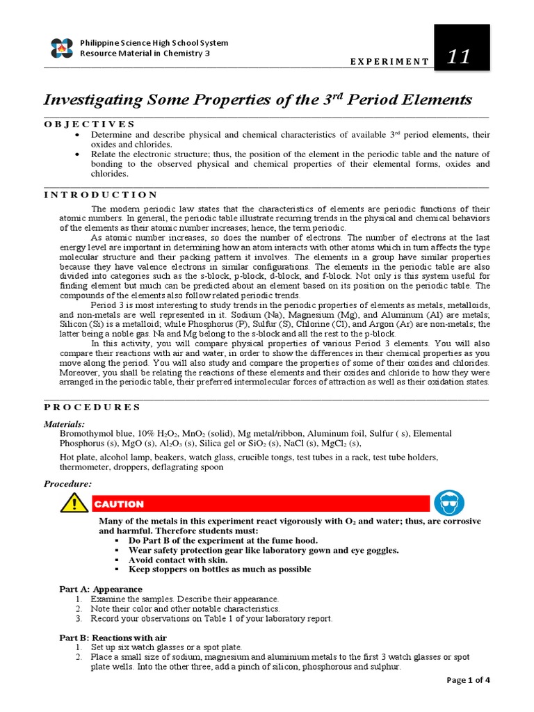 Q3 Experiment On Investigating The Properties of Period 3 Elements ...
