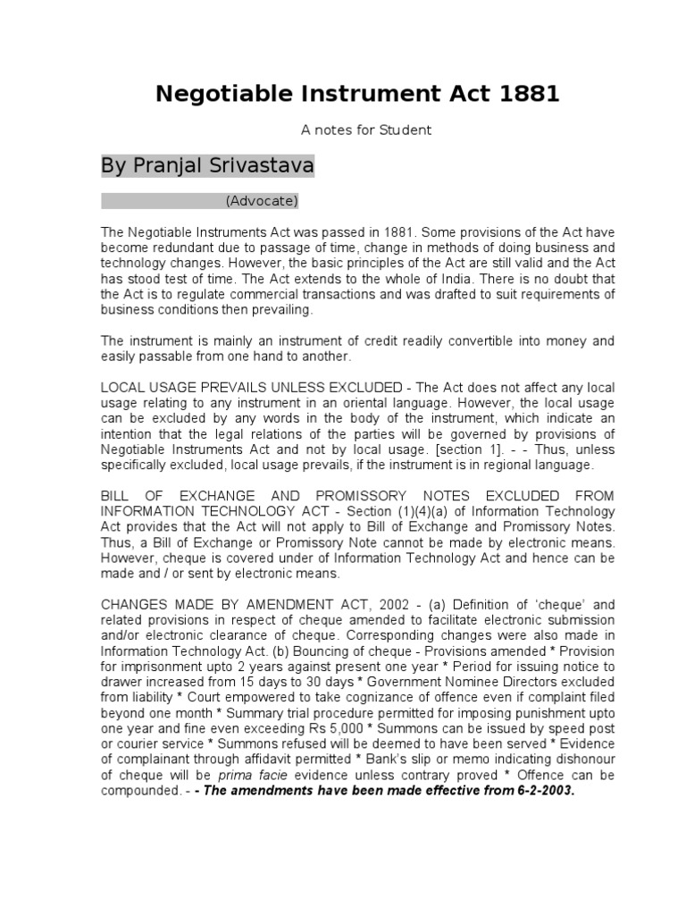 Notes On Negotiable Instrument Act 1881 Download Free PDF