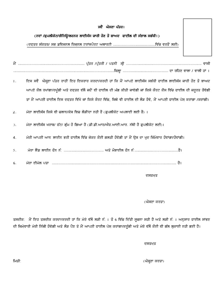 Self Declartion Form For Punjab