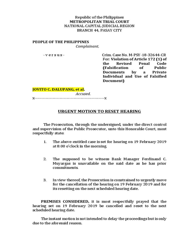 Urgent Motion To Reset Hearing (MTC 44) PDF Prosecutor Virtue