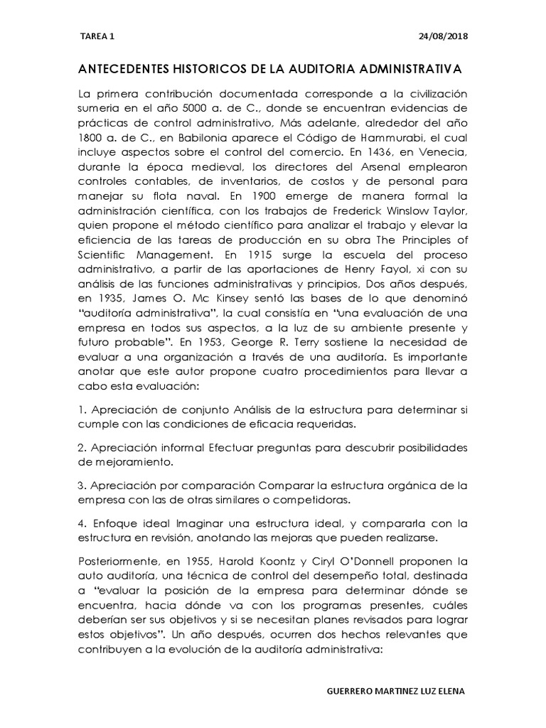 Antecedentes Historicos de La Auditoria Administrativa PDF Auditoría Planificación