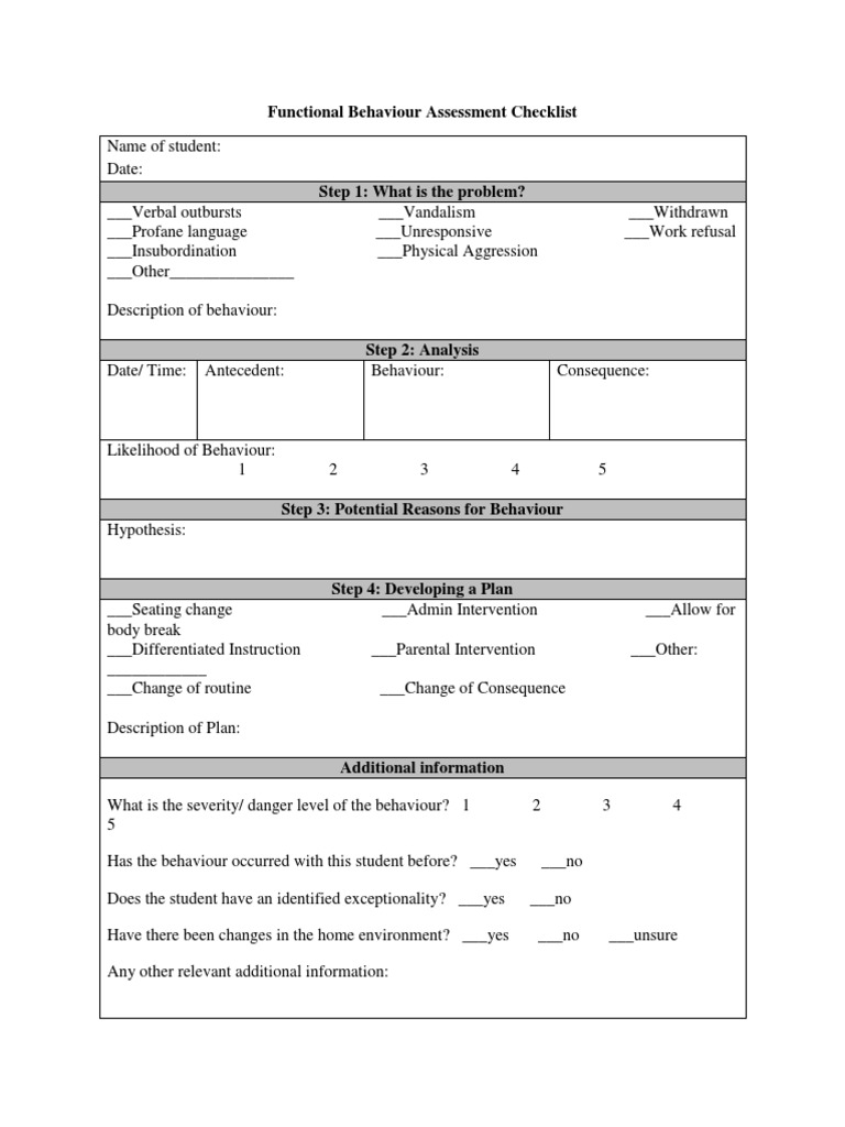 Functional Behaviour Assessment Checklist | Temperament | Behavior