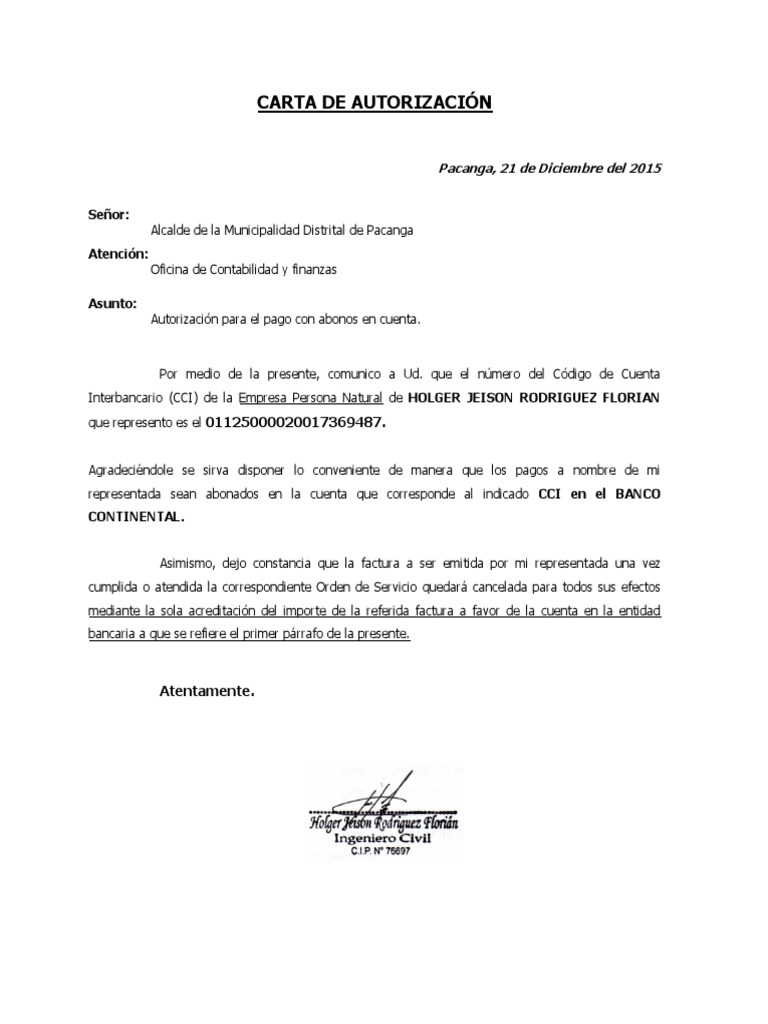 Carta De Autorización Para Cci Pdf