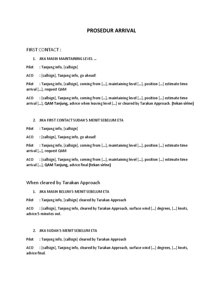 Arrival Procedure for Pilots and ACO | PDF